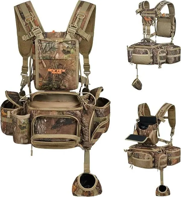 NEW VIEW Hunting Waist Pack for Men with Detachable Chest Pack, 17-Pocket Camo Fanny Pack with Binocular Compartment and Rain Cover