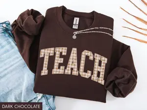 Teacher Fall Gildan Sweatshirt, Fall Teacher Sweater, Gingham Teacher Fall Shirt, Cute Autumn Teach Sweatshirt, Trendy Fall Sweater for Teacher