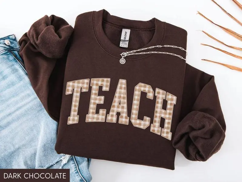 Teacher Fall Gildan Sweatshirt, Fall Teacher Sweater, Gingham Teacher Fall Shirt, Cute Autumn Teach Sweatshirt, Trendy Fall Sweater for Teacher
