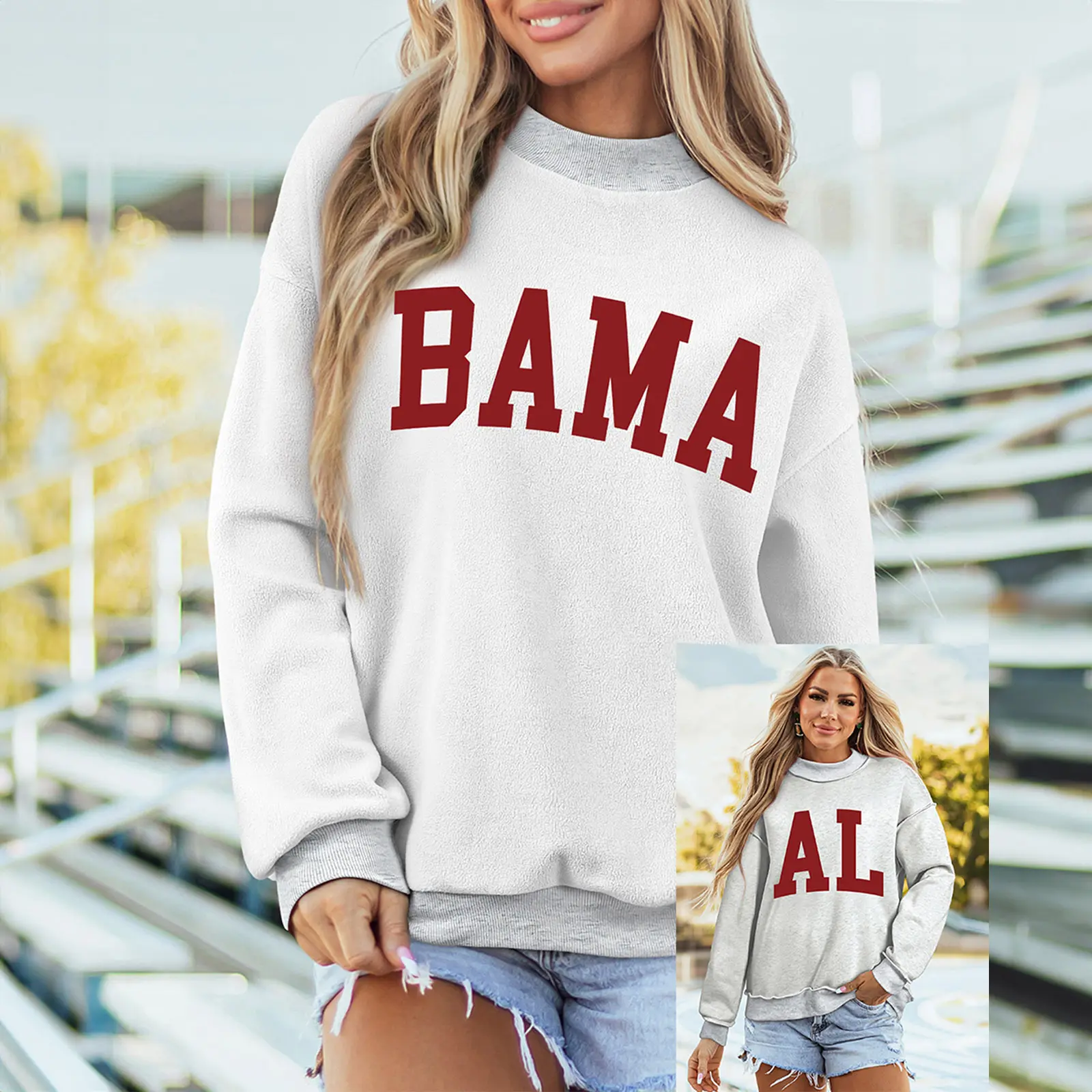 Women's Alabama Double-Side Printed Mock Neck Reversible Long Sleeve Casual Style Hoodie for School, Comfortable, Cotton