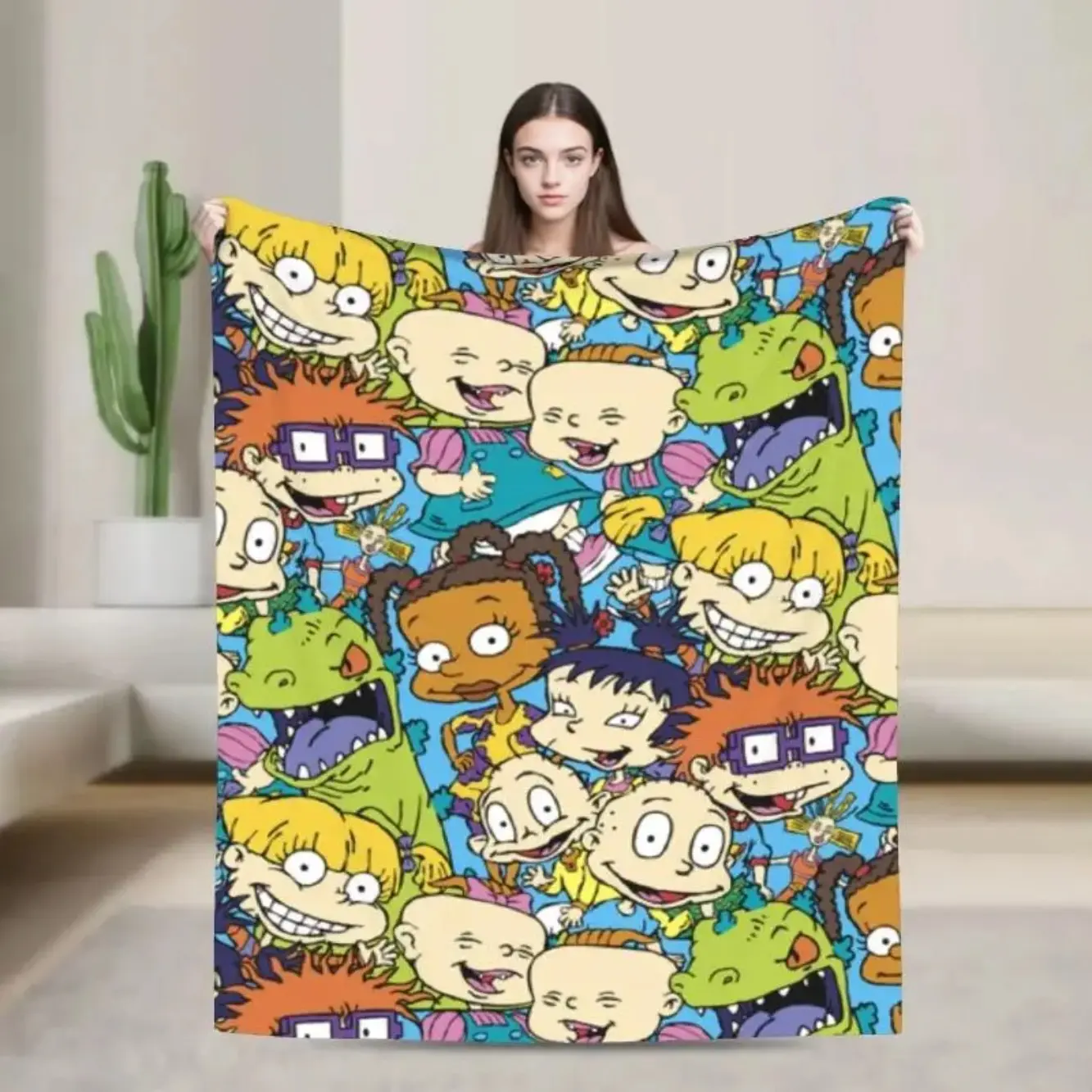 Rugrats Retro Vintage Nickelodeon 90s Cartoon Character Print Flannel Weave Throw Blanket - Ultra Soft, Cozy, Wrinkle Resistant, All Seasons Blankets for Teens, Adults, Bedroom, Ideal Birthday Gift for Cartoon Fans