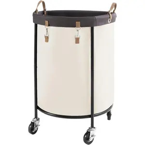 170L Rolling Laundry Basket, Clothes Hamper with Wheels, Round Clothing Cart with Steel Frame and Removable Bag, 4 Casters and 2 Brakes, Beige, 1-Pack