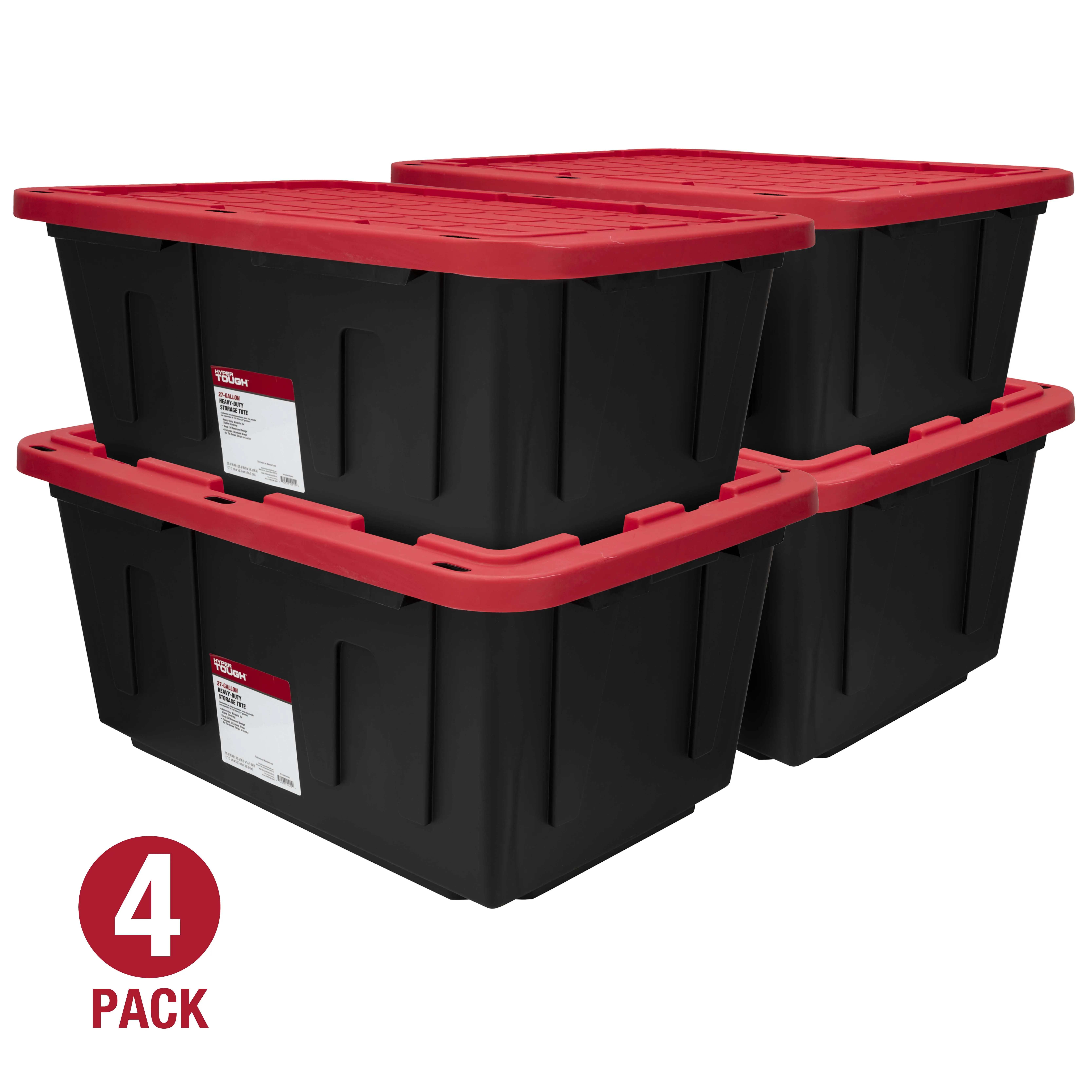 Hyper Tough 27 Gallon Large Storage Bin For Garage Organization Heavy Duty Plastic Container With Snap Lid 4 Pack