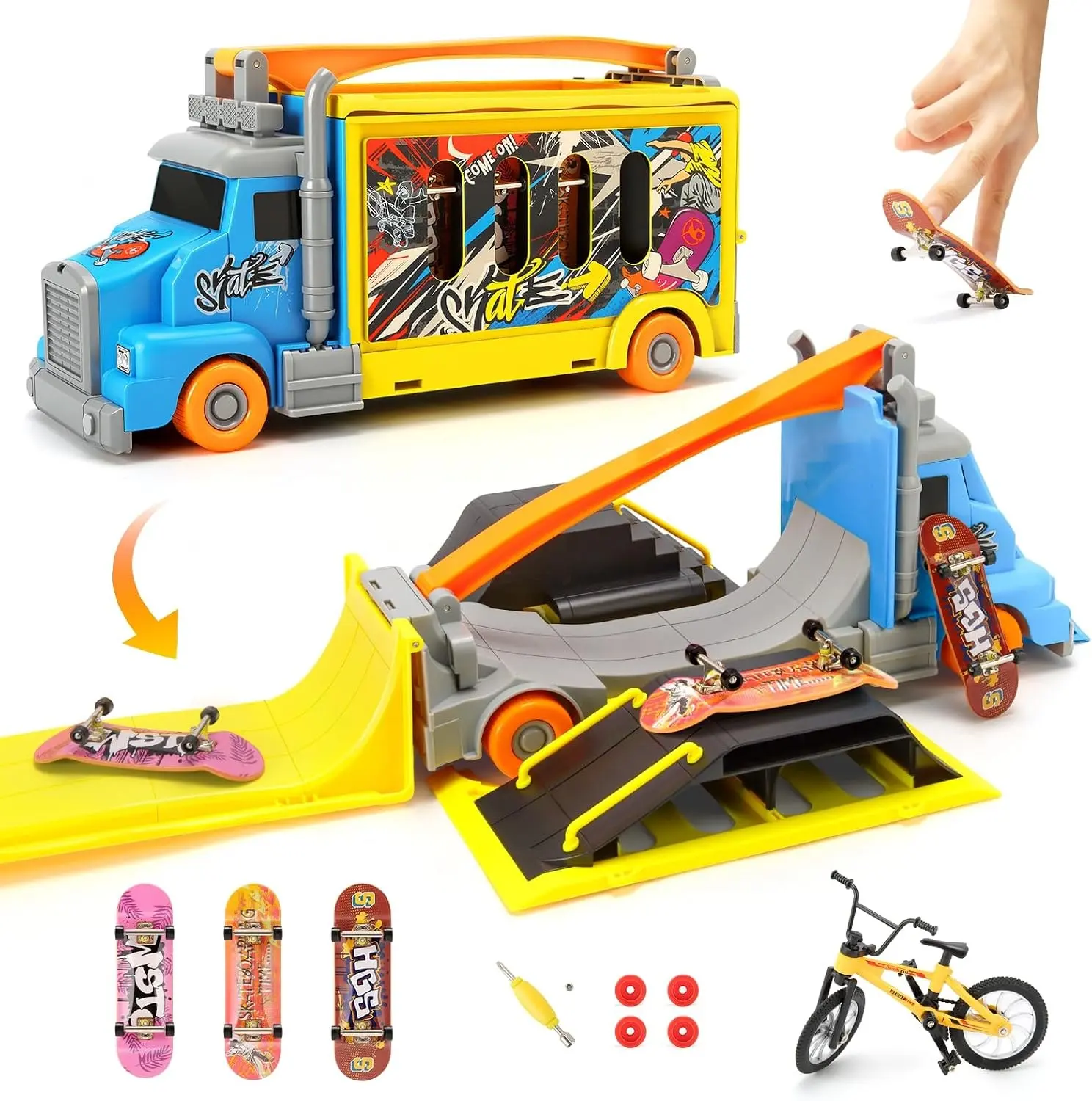 Finger Skateboard Park Set, 2-in-1 Transforming Truck Vehicle with 3 Fingerboards, Finger Bike, Skatepark Deck Ramps, Storage Case,Skateboard Finger Toys Gift for Boys & Girls Ages 3+
