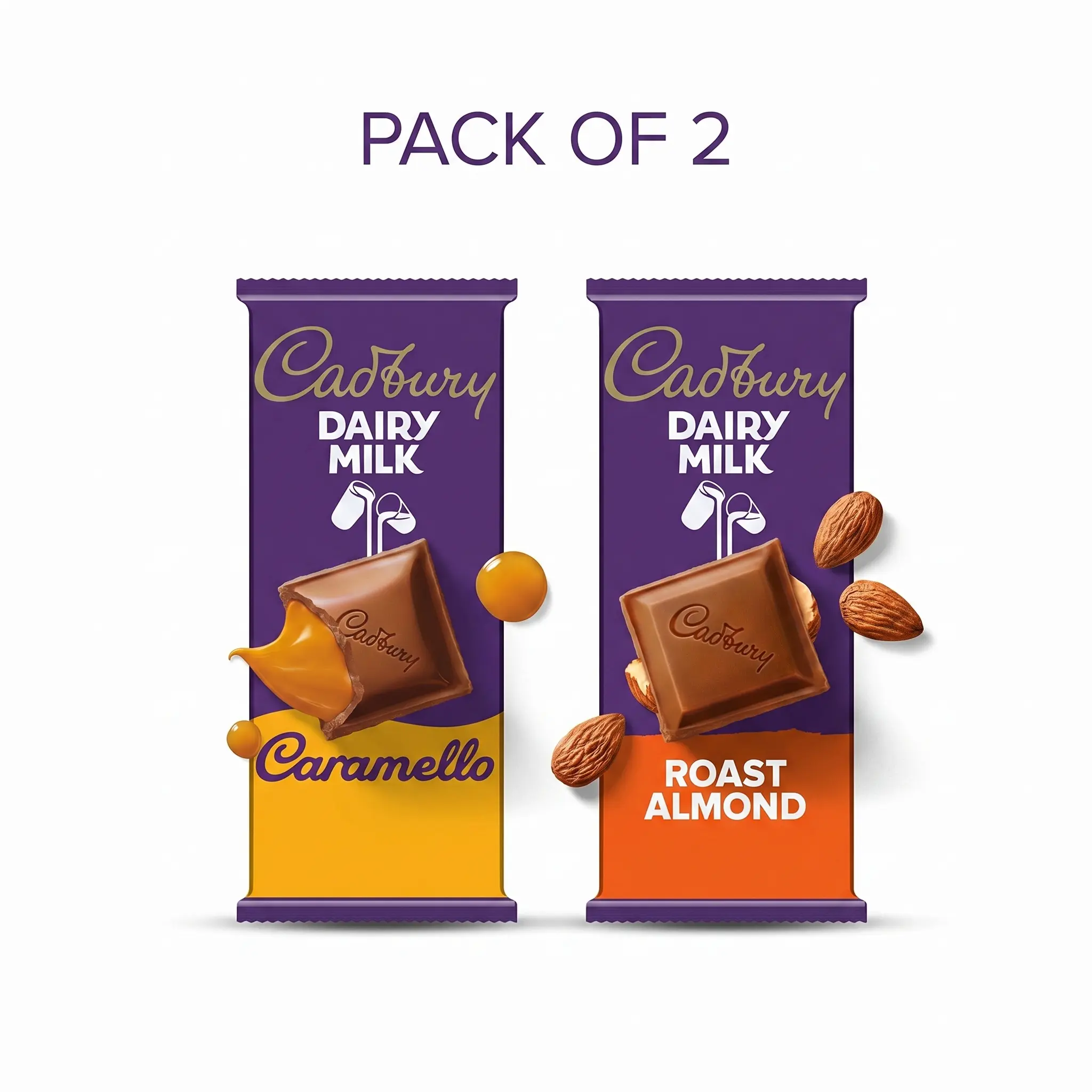 Cadbury Dairy Milk Caramel Almond Duo, Caramello & Roast Almond Milk Chocolate Candy Bars, 2 Pack, Assorted Chocolate Bars with Creamy Caramel Filling & Roasted Almonds, Individually Wrapped Sweet Treats