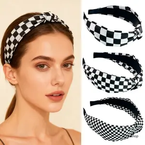 Minimalist Black & White Plaid Headband — Women's Hair Accessory for Makeup, Face Washing, and High-Crown Styling; Versatile & Commute-Friendly
