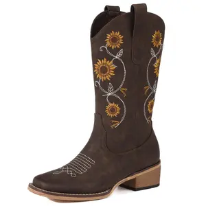 Women's Tan Mid-Calf Cowgirl Boots - Vintage Square-Toe Pull-On Western Boots with Sunflower Floral Embroidery, Perfect for Country Concerts & Everyday Wear  boot