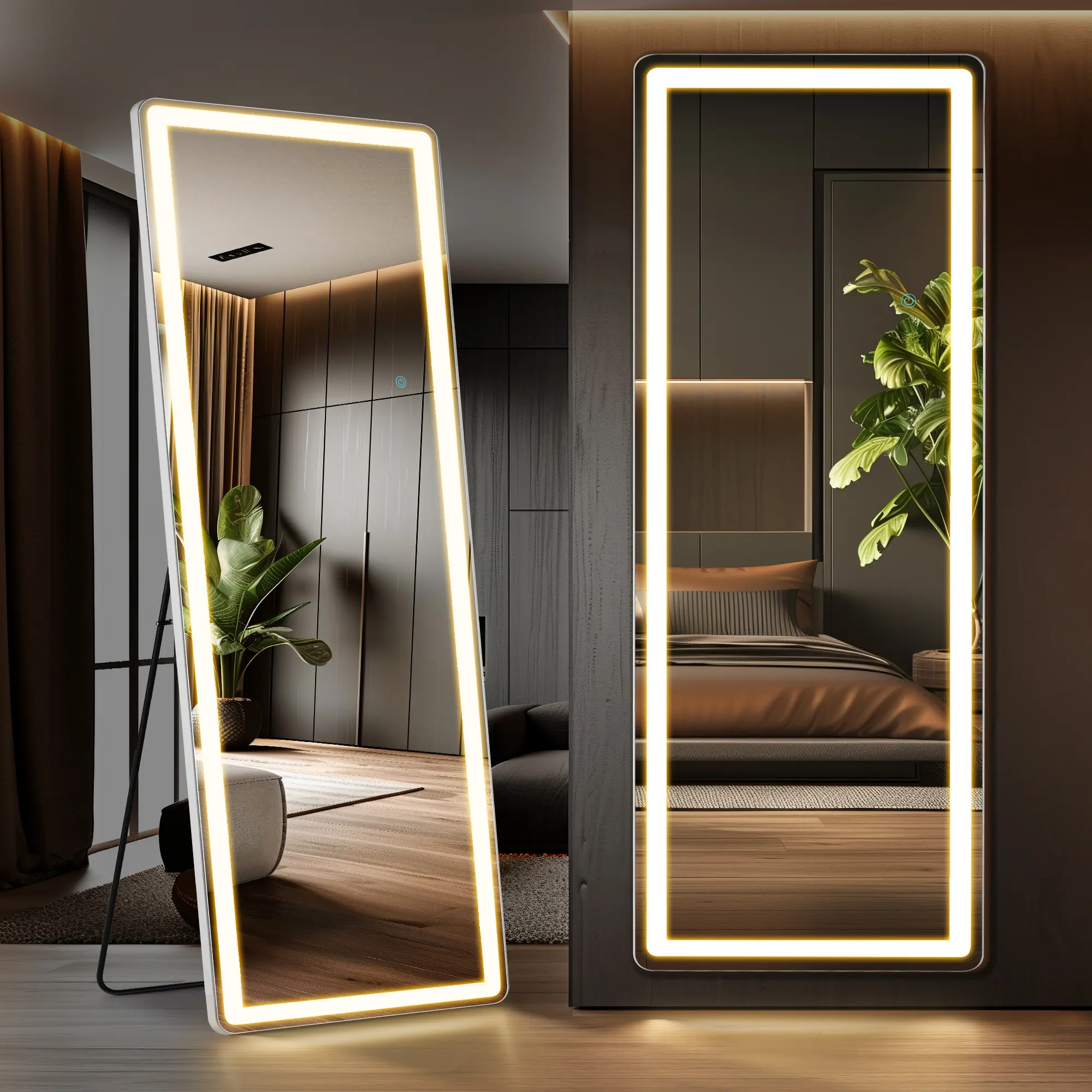 furnishflex 3 Color Lighting Mirror with LED Lights, 64"x21" Lighted Floor Standing Mirror with Stand, Wall Mounted Hanging
