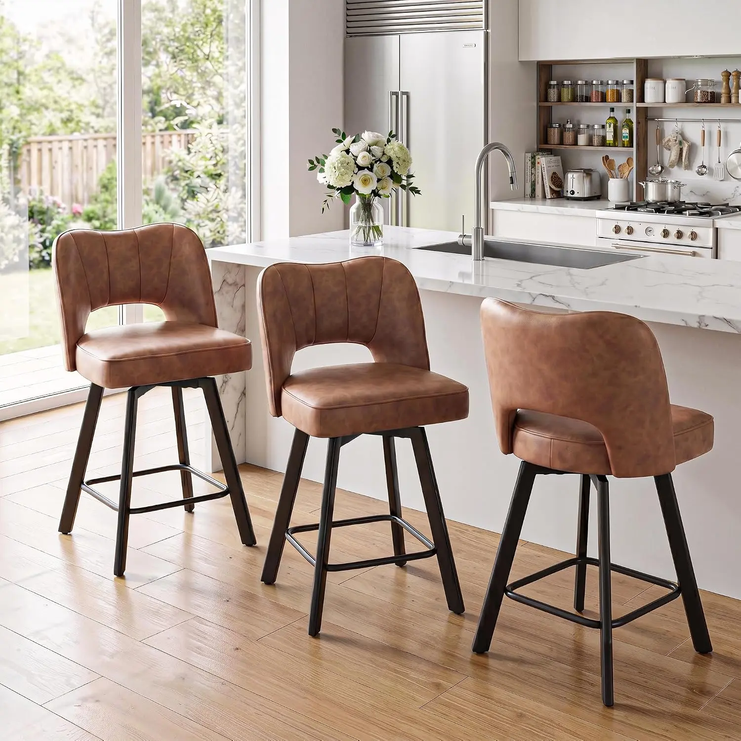 Raybee 26" Height Bar Stools Set of 2 with Footrest,Faux Leather Swivel Counter Stools for Kitchen,Dining Chairs with Ergonomic Hollow Backrest, Metal Legs, Armless