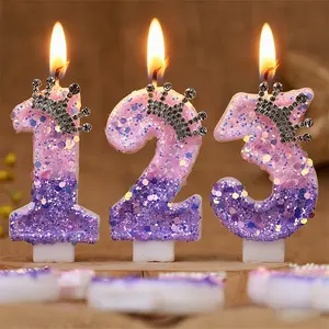 1pc Sparkling 3D digital birthday candles with glittering purple sequins and a rhinestone crown - festive party decorations and ornaments for birthdays, anniversaries, and celebrations | sequined candles | rhinestone details