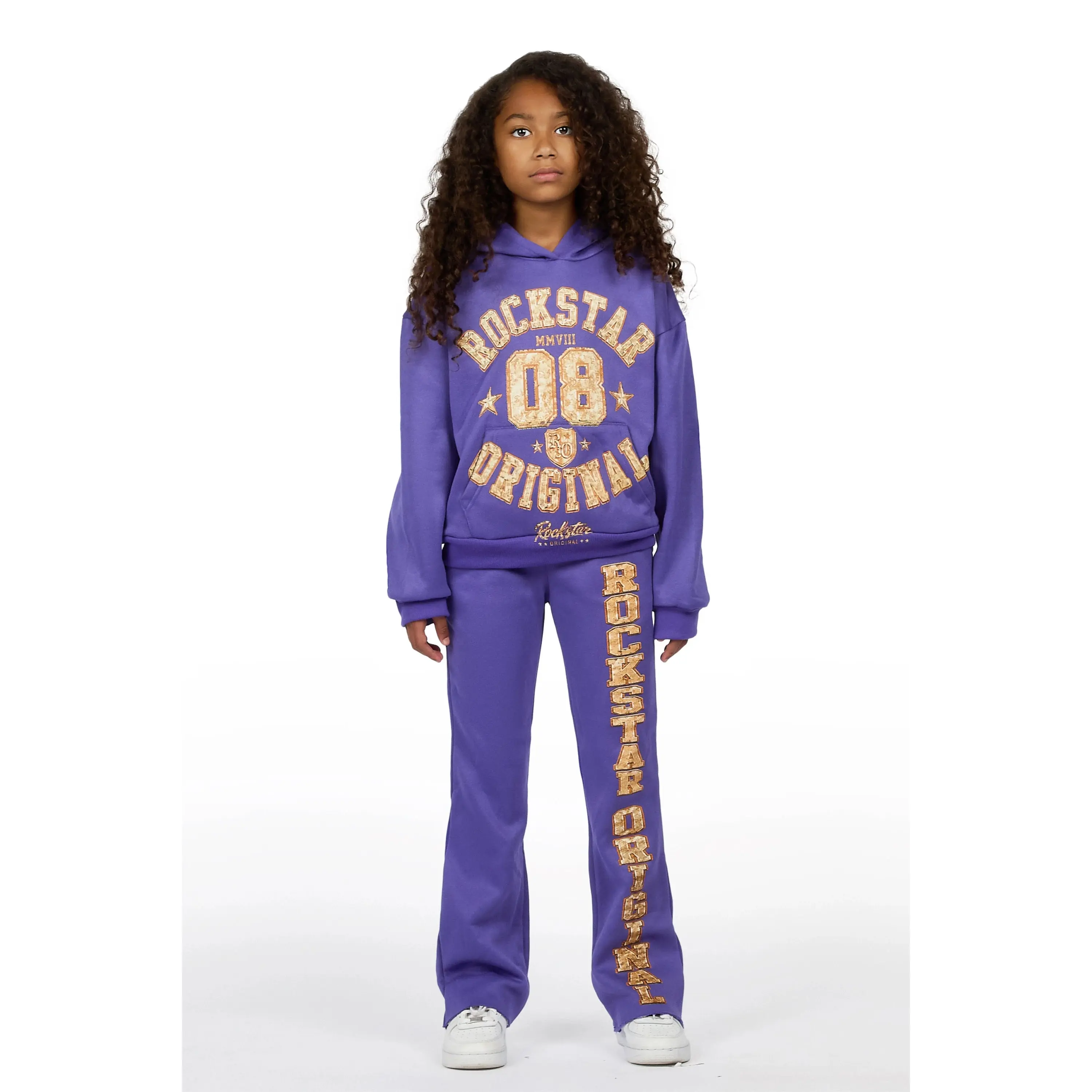 Girls Atrameny Purple/Cream Stacked Hoodie Track Set