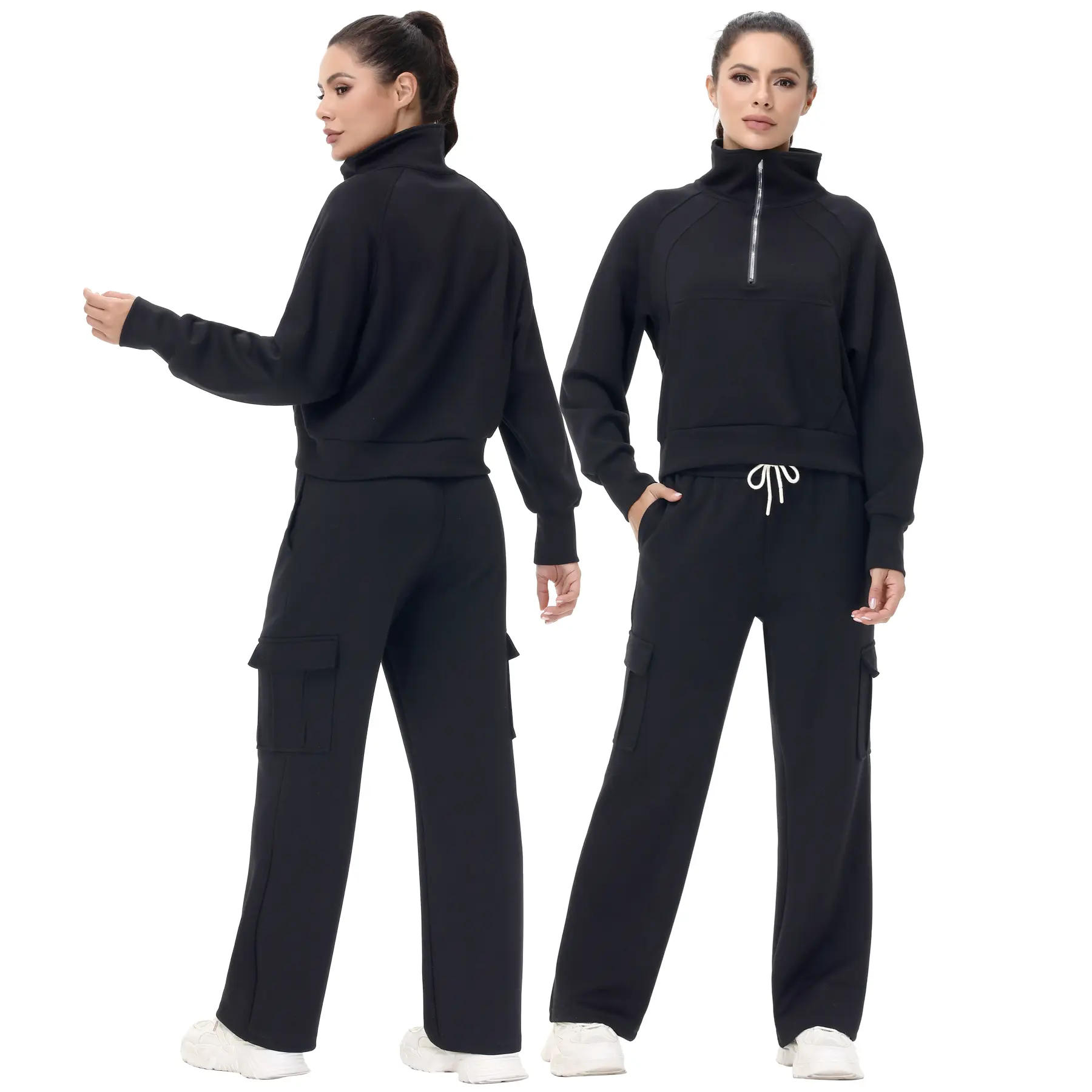 Women's 2-Piece Sports Athleisure Set - Oversized Half Zip Up Sweatshirt, Wide Leg Cargo Track Pants, Loose Casual Athleisure for Fall Winter, Roomy Full Zip Option for Casual Lounge Look for Relaxed Days