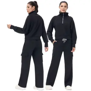 Women's 2 Piece  Sports Lounge Set, Oversized Half Zip Up Sweatshirt and Wide Leg Cargo Sweatpants, Cozy Loungewear Set for Women Fall Winter
