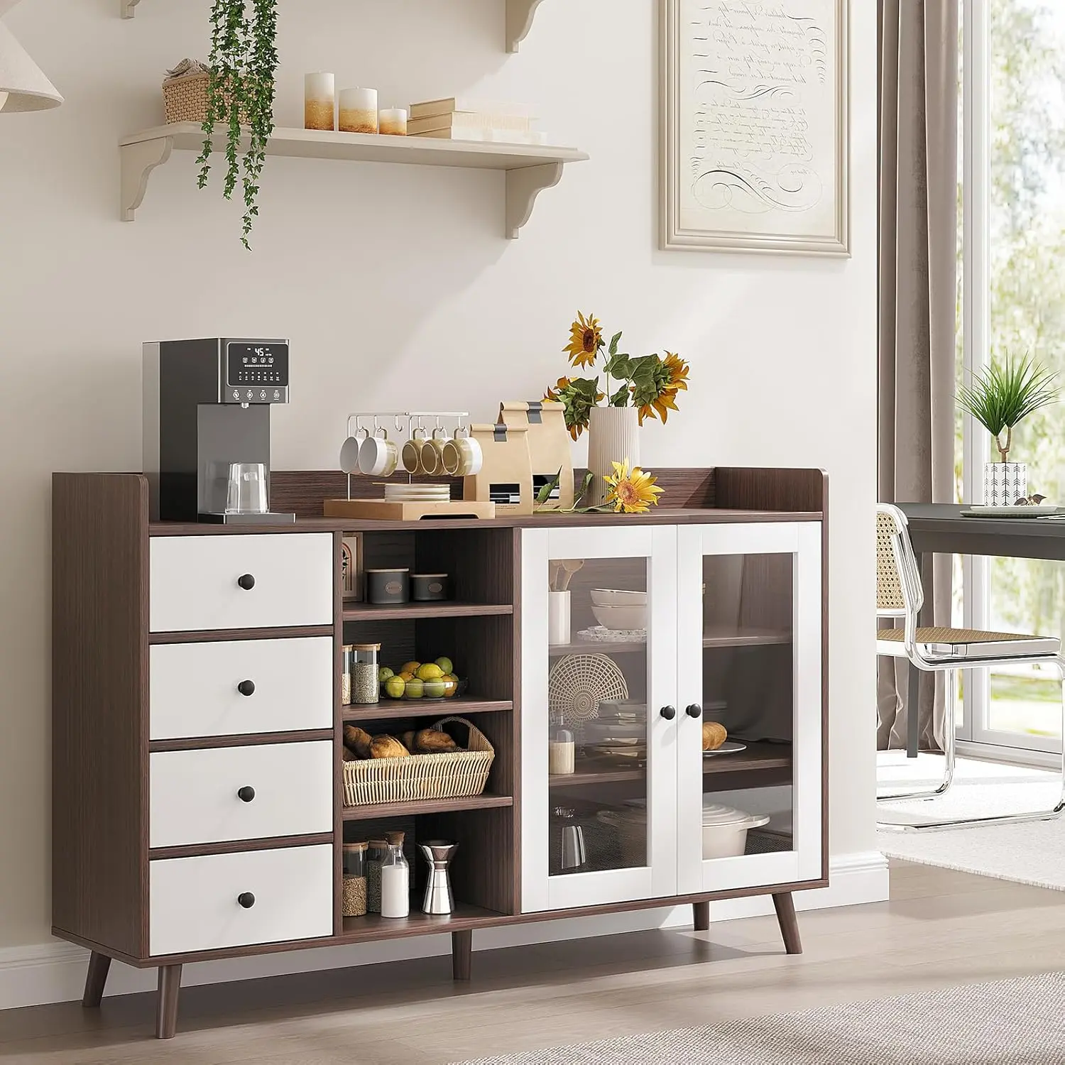 Gaomon Chic Modern Durable Solid Walnut Buffet Cabinet - 55in Indoor Freestanding Home Organizer with Metal Hardware, Wood Legs, 2 Glass Doors, Adjustable Shelves, 4 Drawers, Open Shelf & Countertop Storage for Living Room, Dining Room