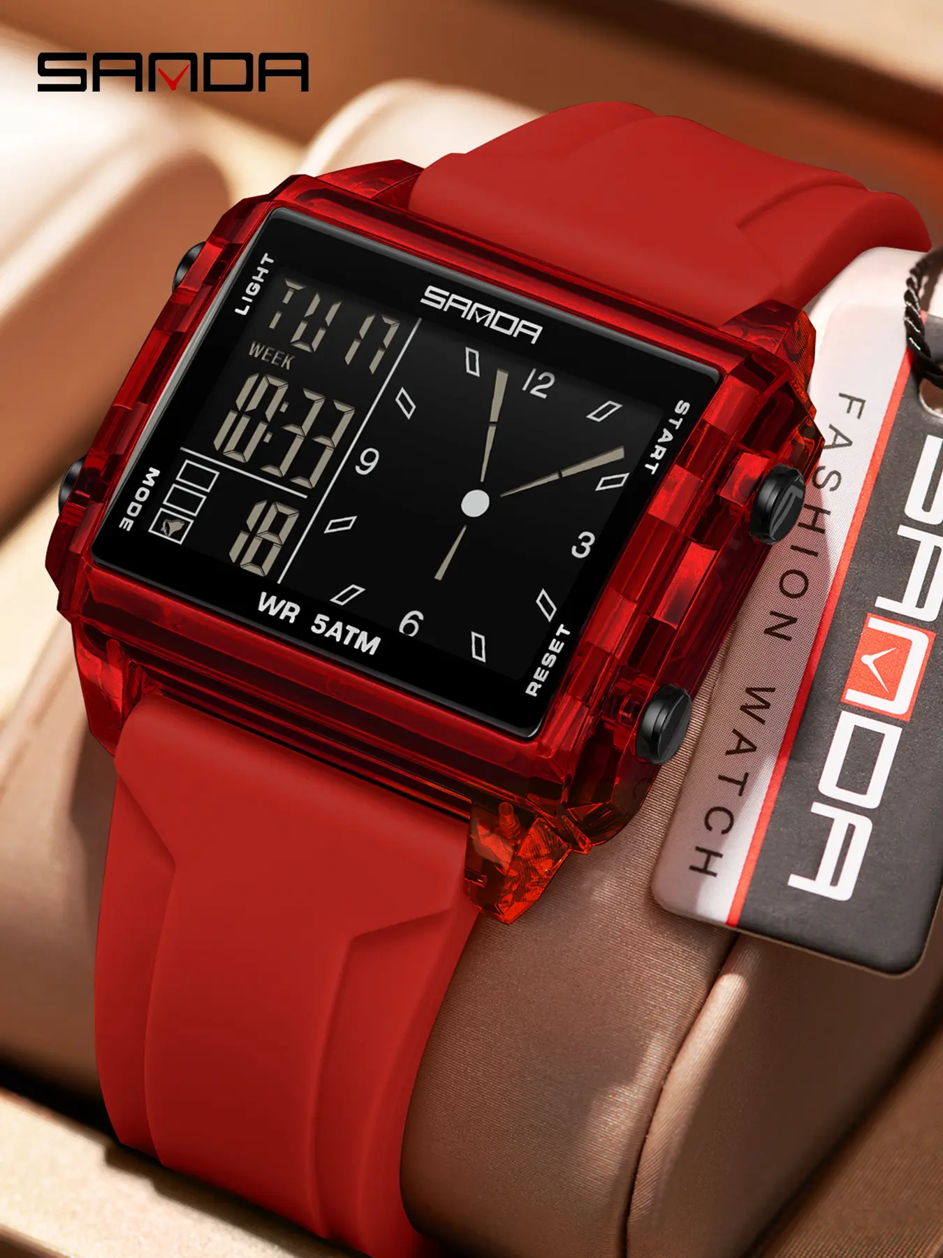 SANDA square men's sports watch, Fashionable Stylish Watch, Fashionable Digital Watch, casual men's LED dual display night light Luminous Analog Watch waterproof timing electronic watch, square dial wristwatch, preferred gift, BOX