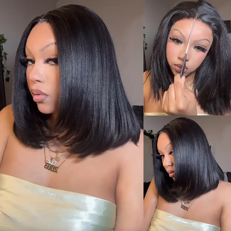 Pizazz Hair Glueless Layered Cut Yaki Straight Short Bob Wig with Drawstring 220% Density Pre-cut 5x5 HD Lace Human Hair Wigs with Bleached Knots Pre Plucked Natural Hairline