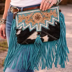 Western Fringe Cowhide Tooled Leather Crossbody Clutch