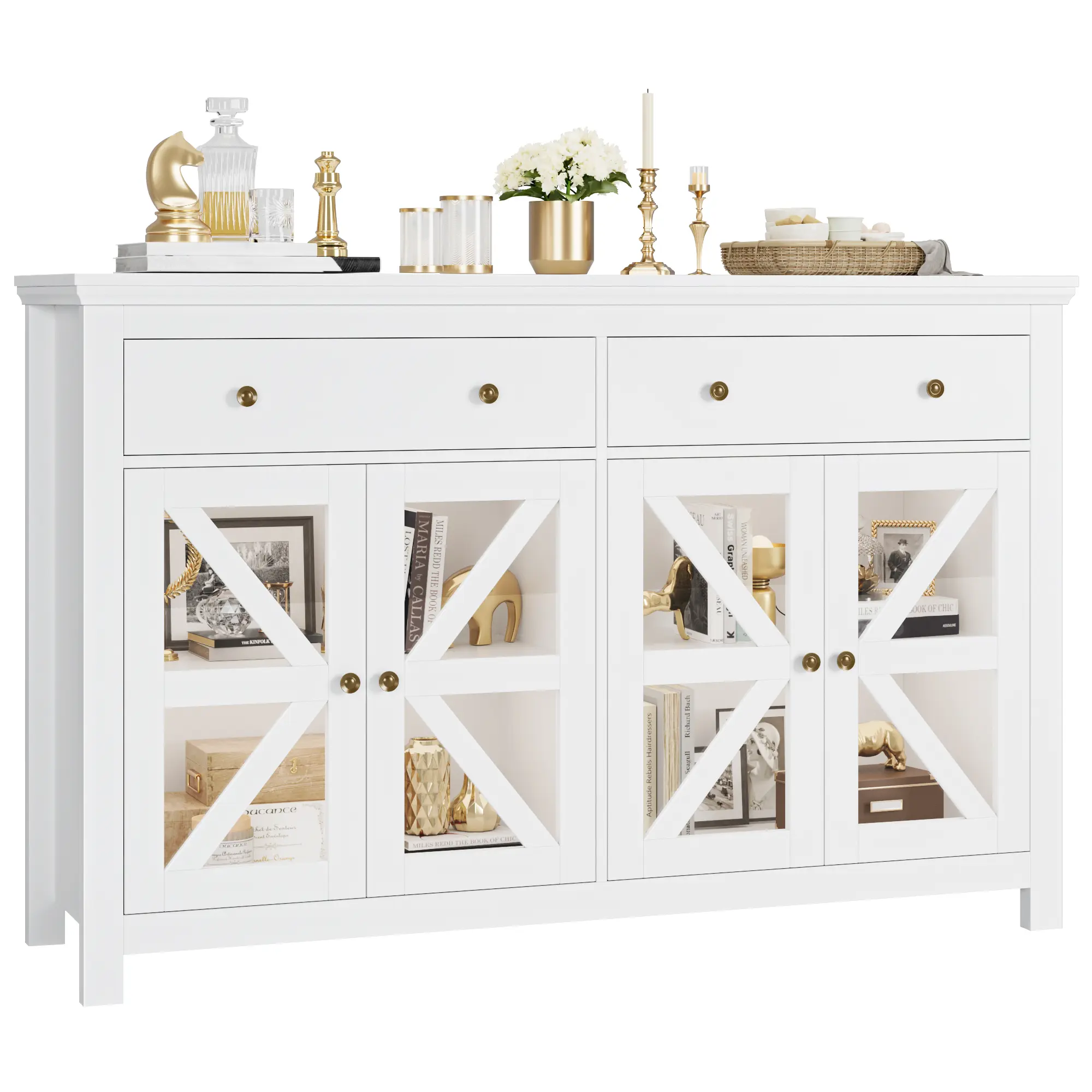 FOTOSOK Sideboard Buffet Cabinet with Storage, 55.1" Large Sideboard Kitchen Cabinet with 2 Drawers and 4 Glass Doors, White Coffer Bar Buffet Table for Dining Living Room