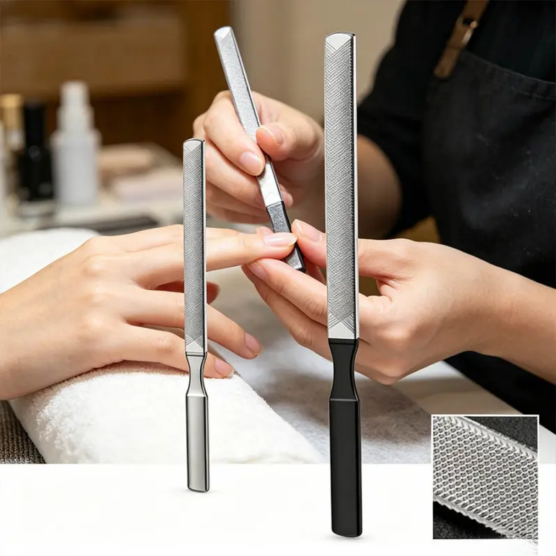 2-piece professional stainless steel nail file, double-sided anti slip nail cushion, reusable metal nail polishing tool for men's and women's salon home nail beauty
