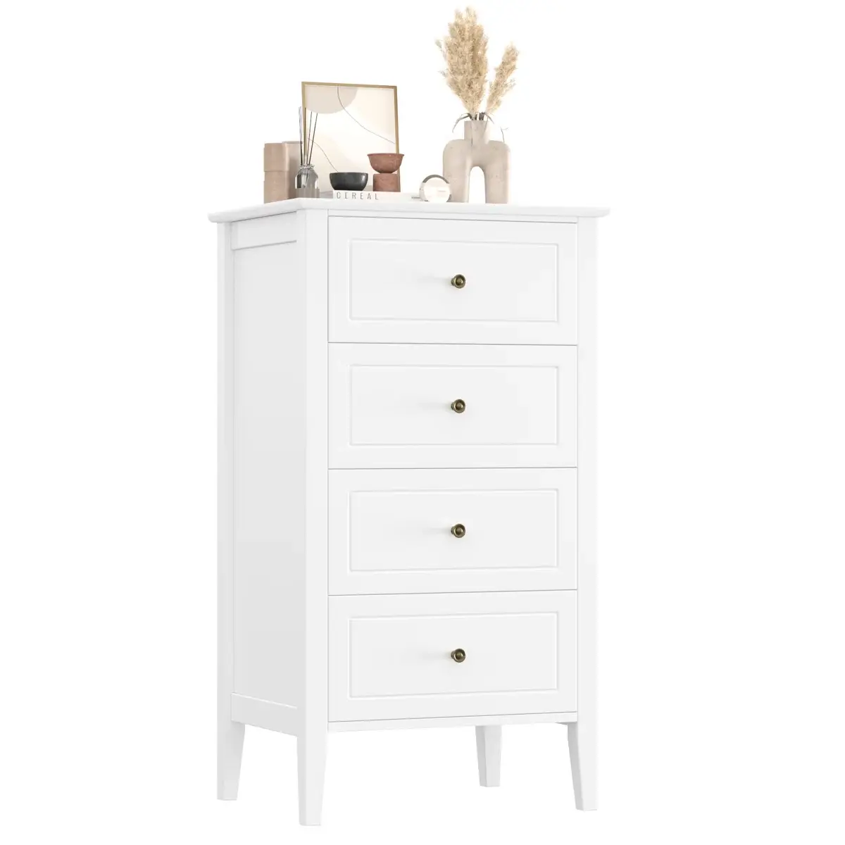 4 Drawer White Dresser for Bedroom, Wooden Nightstand Chest of Drawers with Tall Legs, Small Dresser with Gold Handles, Narrow Dresser for Living Room, Bathroom, White