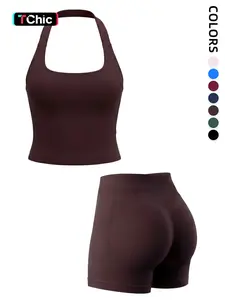 Impact Strap Summer Halter Top and Shorts Set, Seamless Shaping Gym Wear, Women's Strong Support, Excellent Elasticity