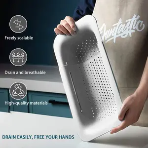 Collapsible Sink Colanders and Strainers Basket Over the Sink Colander Collapsible Colander Extendable Plastic Fruit Vegetable Strainer Drainer Basket for Kitchen (Length 14.2 inch-19.5 inch) (White) outdoorfun