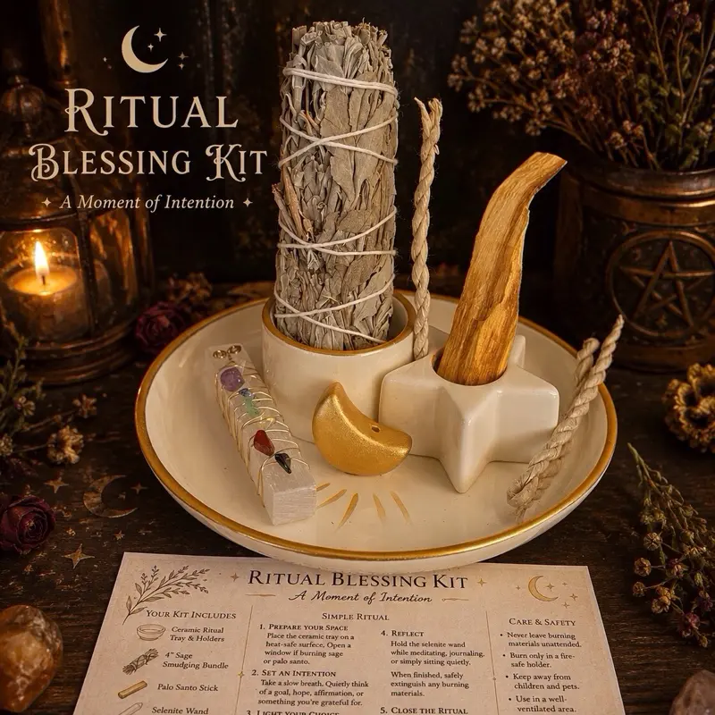 Ritual Blessing Kit - Sage, Palo Santo, Selenite & Ceramic Ritual Tray - Witchcraft Spiritual Gift | Crowe’s Cauldrons