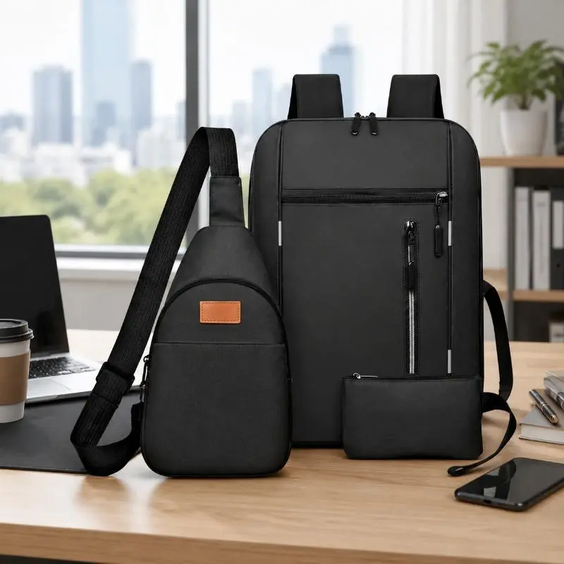 Unisex 3-Piece Backpack Wallet Set, Durable Oxford Cloth Multi Purpose Rucksack for Adults School Use with 16-in Laptop Compartment, Includes Shoulder Bag, 16-Inch Laptop Bag, Three-Pieces