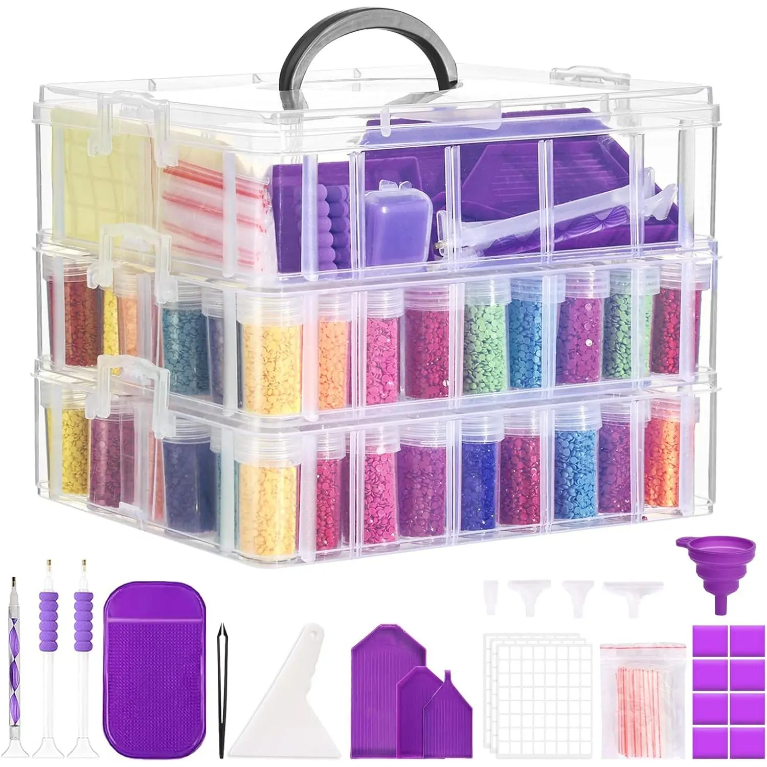 3-Tier  Painting Storage Container, 100 Slots Clear Stackable Bead Organzier with  Painting Accessories and Tools for DIY  Art Craft  Bead Storage