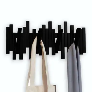 Bamboo Multi Hook Coat Rack - Decorative Hooks for Wall, 4 Flip-Down Hooks for Hanging Coats, Black Organizer for Room Set Decoration Items Interior Installation Shelves Minimalist