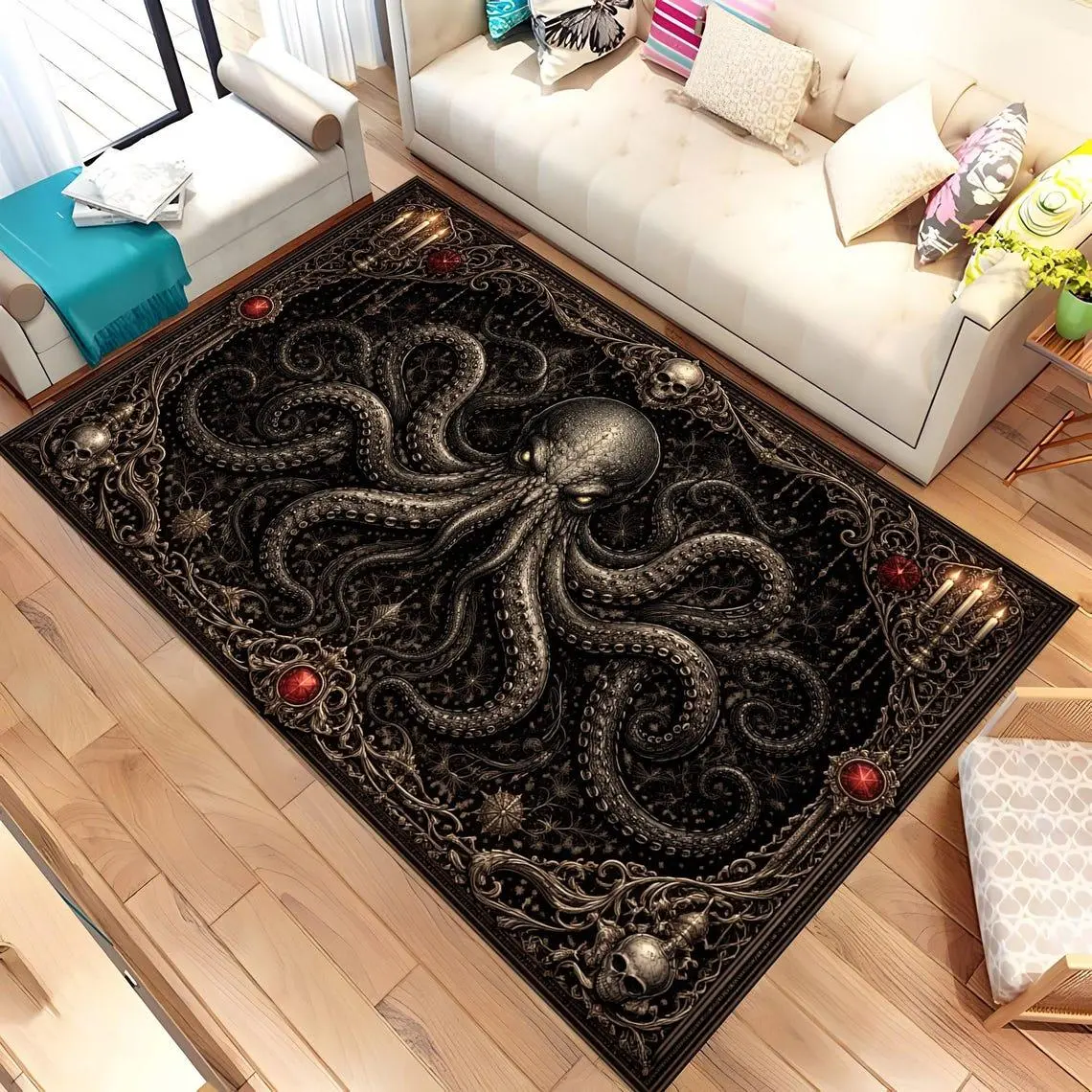 Gothic Octopus Rug, Dark Fantasy Carpet, Occult Decor Rug, Vintage Horror Kraken Design, Black Gothic Living Room Rug, Witchy Home Décor 17