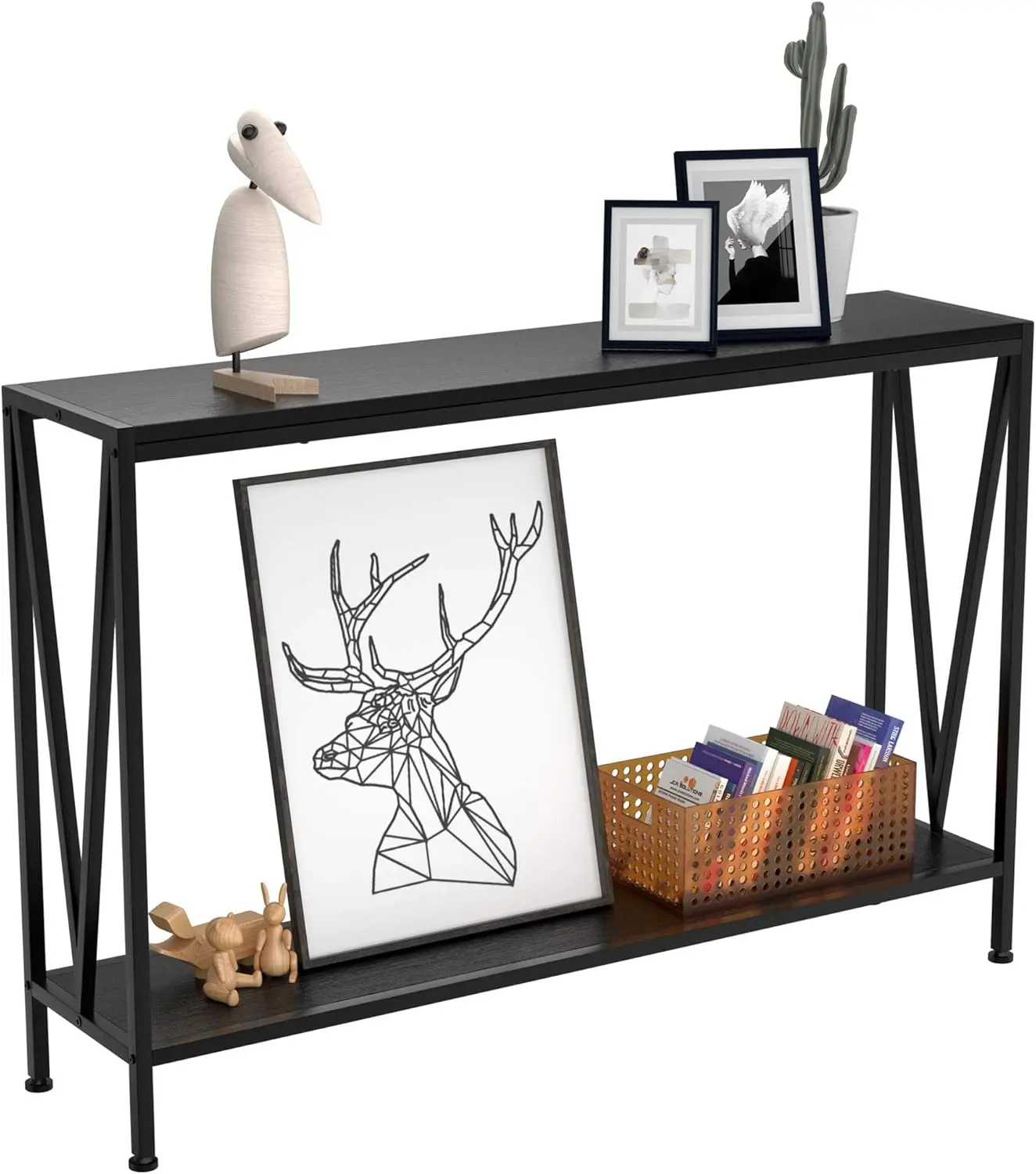 43 in Industrial V-Shape Console Table, 2-Tier with Shelf, MDF + Iron Construction, Steel Base, Tool-Free Setup, Entryway Table for Living Room, Office, Black, Console Table Entryway