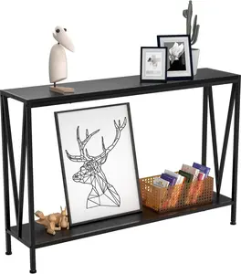 43 in Industrial V-Shape Console Table, 2-Tier with Shelf, MDF + Iron Construction, Steel Base, Tool-Free Setup, Entryway Table for Living Room, Office, Black