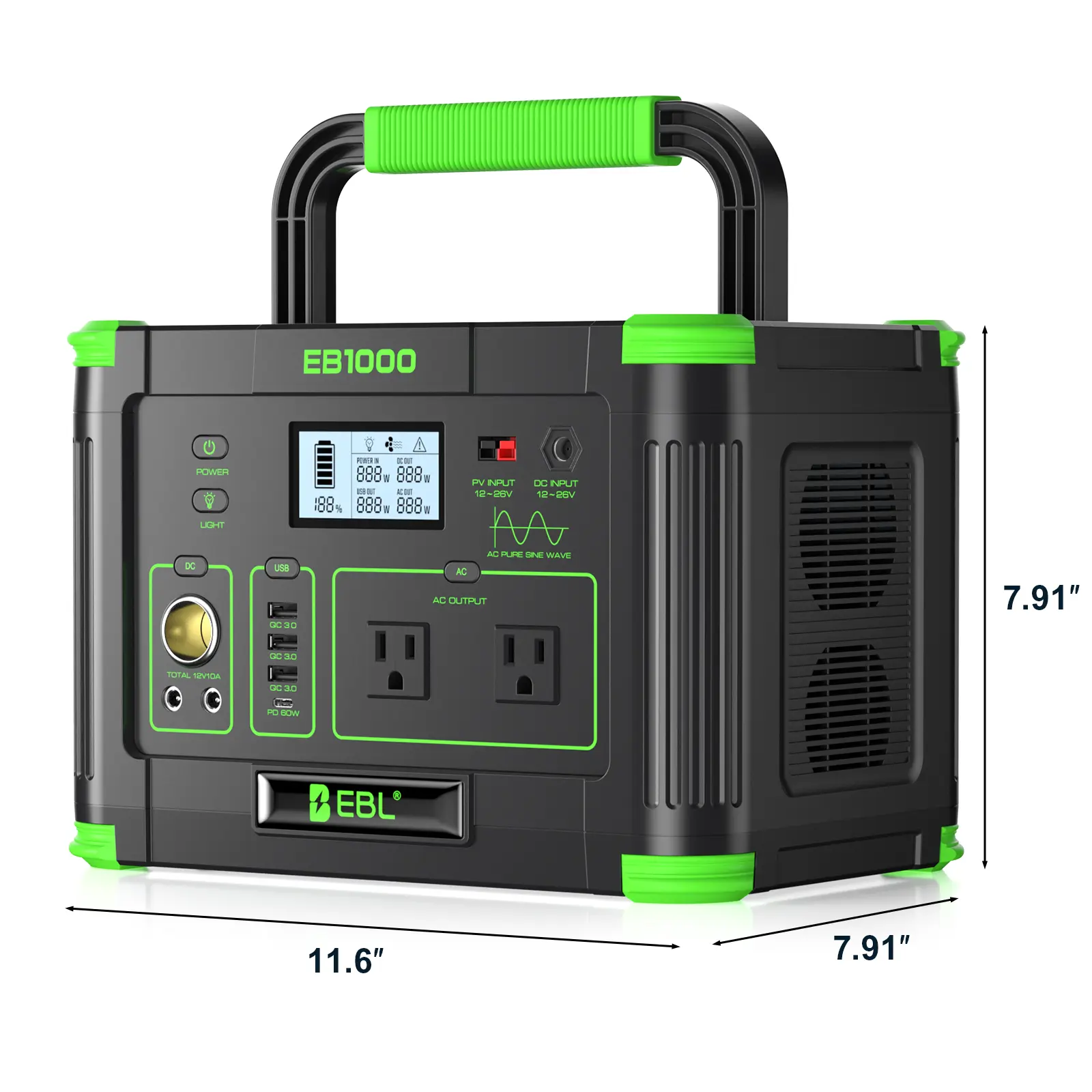 EBL 1000W Portable Power Station Forest Green Edition High Capacity Clean Energy Generator with Dual AC Outlets and Multiple USB Ports for Outdoor Camping Travel and Field Work
