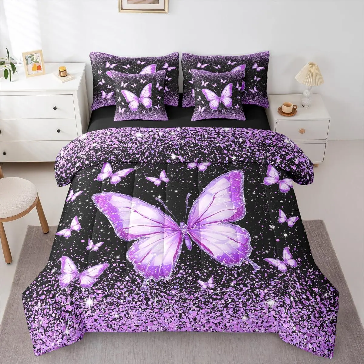 Purple Butterfly 7 Piece Bedding Set Glitter Print Comforter Set with Sheets for Kids Boys Girls Pretty Animal Bed in a Bag Beautiful Butterfly Bed Set Soft Lightweight