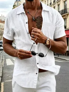 Men's linen button-down shirt with a collar, classic casual long-sleeved beach top with pockets, lightweight, breathable and comfortable design, suitable for leisure vacations, casual summer clothes, casual solid shirt, menswear