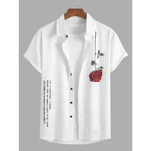 Men's Casual Rose Print Short Sleeve Shirt - Button-Up with Asymmetrical Hem, Summer Fashion, Black & White with Floral Design, Elegant Flower Print Collar Menswear Top Polyester Stretch funny shirts Tropical Wetsuit Day Shortsleeve