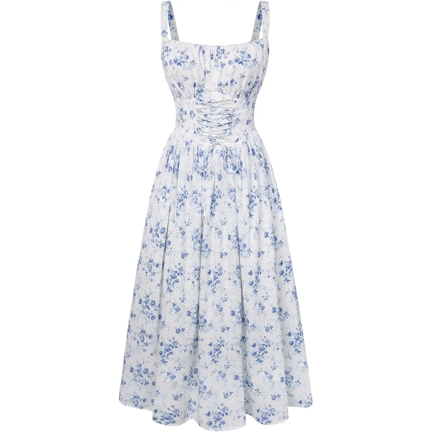 Floral Dress for Women Wedding Guest Sundress with Pockets | Sleeveless Milkmaid Dresses, Lace Up Corset Waist, for Cottagecore, Tea Party, Summer Beach Vacation, Date, Casual