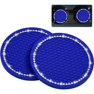Bling  Coasters,  2 Pack PVC  Cup Holder Insert Coaster - Anti Slip Universal  Interior Accessories  Glitter Cup Mats for Women and Men (2.75" Diameter, Blue)