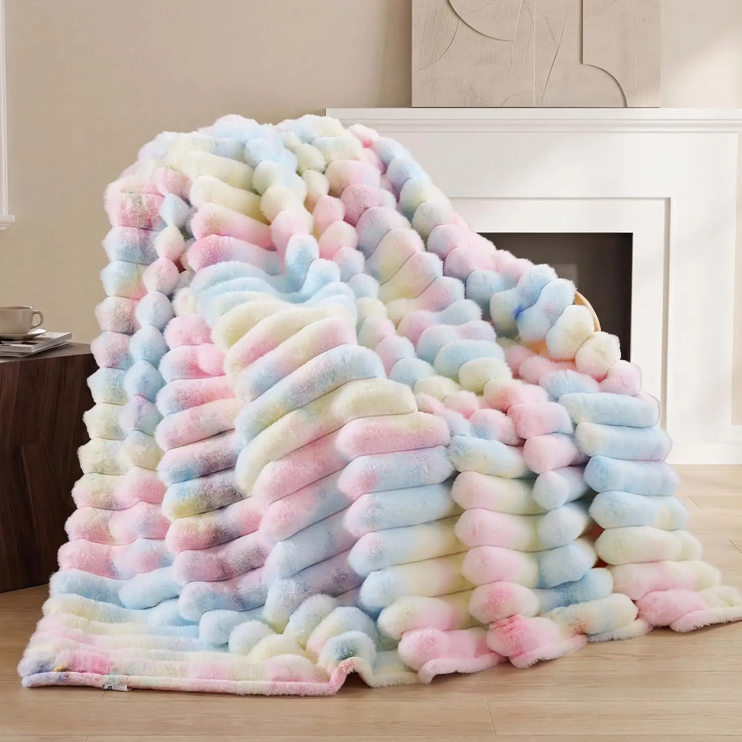 Faux  Throw Blanket - Super Soft Thick Plush Cozy Fuzzy  , Luxury Warm Fleece Stripe Blanket for Couch, Sofa, Room Decor  for Women, Colorful Rainbow Throw, 60x80