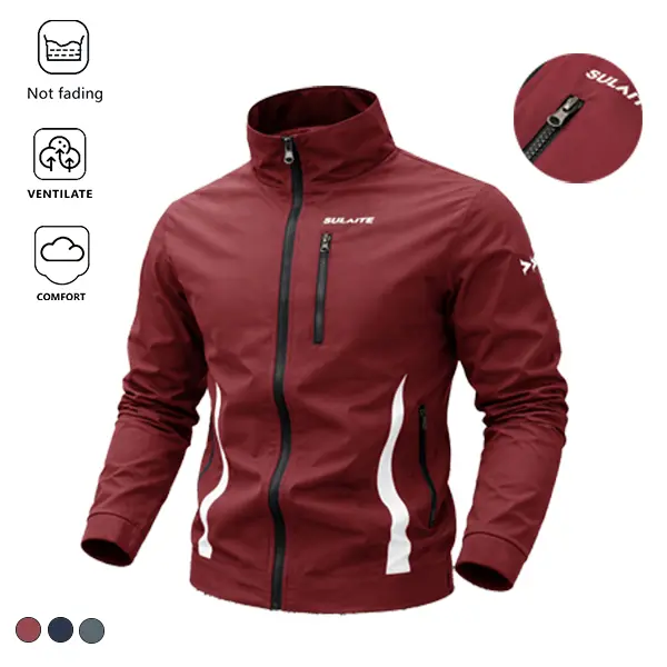 Unisex Polyester Sports Jacket, Slim Fit Stand Collar Outdoor Jacket, Windproof and Breathable with Multiple Pockets, Not Fading
