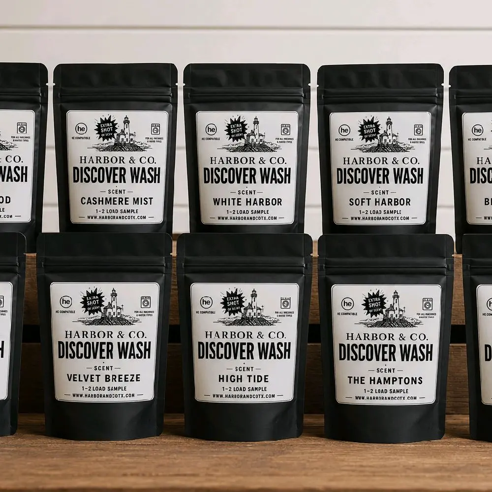 Harbor & Co Laundry Powder Discovery Set - Alcohol-Free Home Care Detergent Combo with 8 Individual 1 oz Cashmere Mist Samples, 24-Month Shelf Life, Laundry Soap Powder, Scented Laundry Detergent