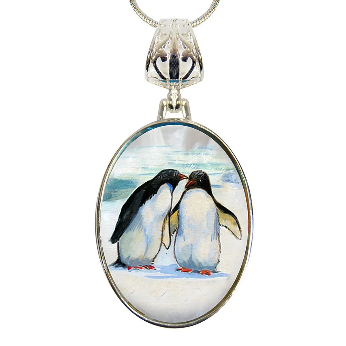 Penguins in Love Silver Plated Mother of Pearl Jewelry Pendant Necklace - 44033