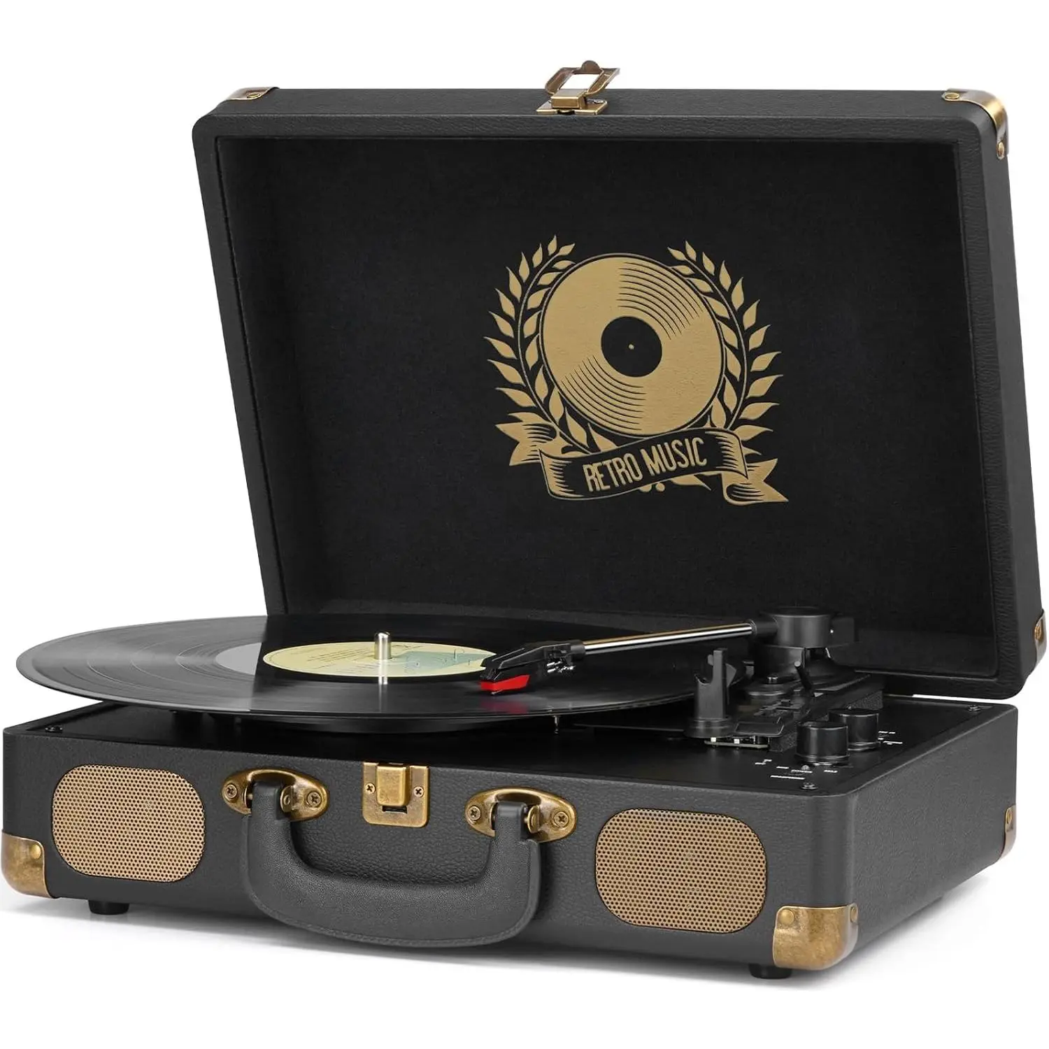 Vintage Belt-Driven Portable Suitcase Record Player - 3-Speed (33 1/3,45,78 rpm) Playback, Built-in Stereo Speakers, Aux-in Jack, RCA Line-Out, 3.5mm Jack, Vinyl-to-MP3 Recording, Compatible with 7,10,12-in Discs
