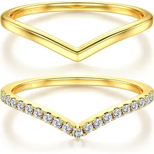 2PCS Silver Rings for Women Silver 14k Gold Plated Wishbone Ring Non Tarnish Wedding Bands Stackable Dainty V Shaped Rings CZ Wedding Rings Promise Ring Engagement 5-10