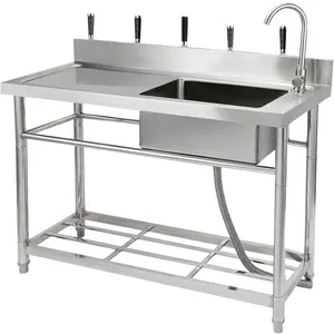 47" Freestanding Utility Stainless Steel Sink, Commercial Kitchen Prep Sink, Single Bowl With Workbench Cold and Hot Water Pipe Faucet for Restaurant Laundry Garage Bar Workshop