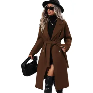 2026 Women’s Long Wool Pea Coat Notched Lapel Double Breasted Trench Coat for Winter Warm Overcoat Wear