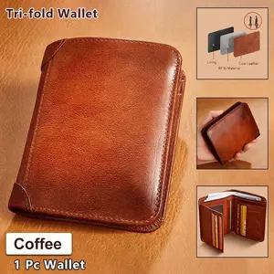 Men's RFID Top Grain Cowhide Leather Tri-Fold Wallets - Retro Durable Design, 2 ID Windows, 11 Card Slots, Multi-Function Daily Carry, Ideal Gift for Father’s Day, Birthdays