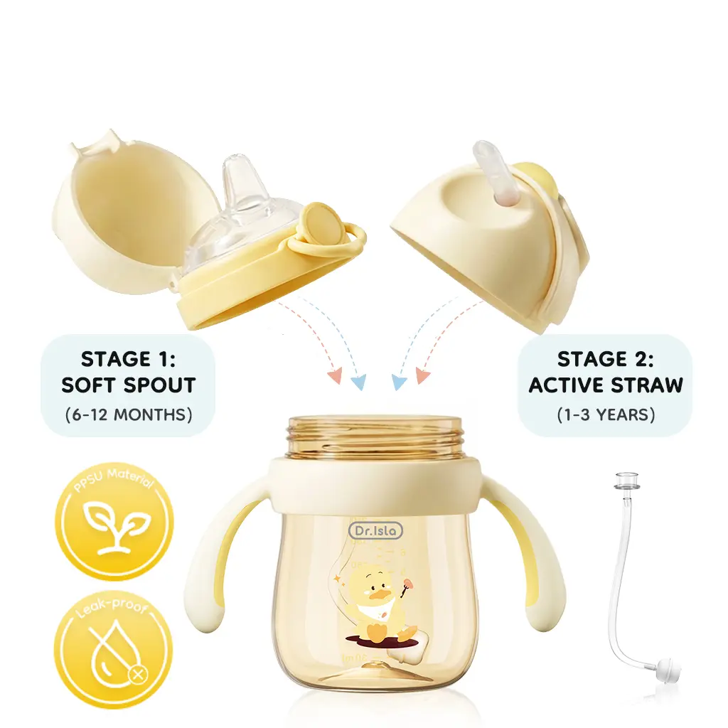 Dr.Isla PPSU Leakproof Sippy Cup, 9oz/240ml, 2-in-1 Baby Training Cup for 6–12 Months & 1–3 Years, Weighted Straw with Gravity Ball, Anti-Slip Handles, Spill-Proof & Anti-Choke Design, Cute Duck Style, BPA-Free #summervibes