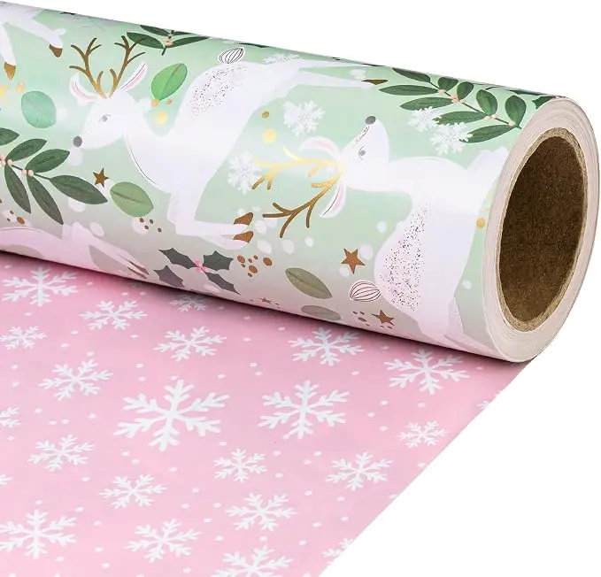 【Get 3 Free】RUSPEPA Reversible Christmas Wrapping Paper Roll, Mini Roll, Gold Foil White Reindeer Woodland Pattern and Pink Snowflake Gift Wrap Paper for Holiday, Winter Gifts, 17 Inches x 16.4 Feet,back to school,back to school haul